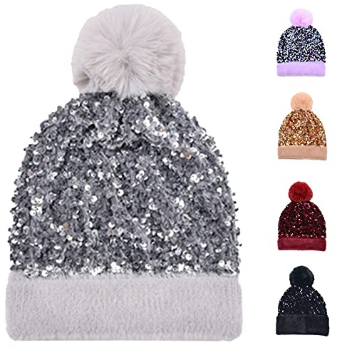 Yanmucy Women Winter Hat with Sequined Beanie Knitted Hat Detachable Pom Pom Warmer Ski Cap for Women Girls (Silver)