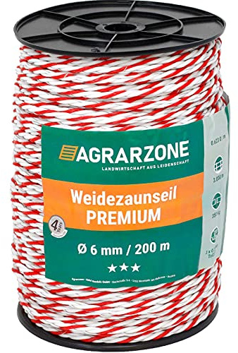 Agrarzone Weidezaunseil Premium 200m, Ø 6mm, weiß-rot | 6x0,30 TriCOND-Leiter für exzellente Leitfähigkeit am Elektrozaun & Weidezaun | Stabiles Zaunseil für Schaf-, Rinder- & Pferdezaun
