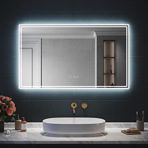 SIRHONA Miroir LED Salle de Bain Bluetooth 120x70cm Miroir Lumineux Salle de Bain avec Eclairage Intégré, Anti-buée, Affichage de L'heure et Température