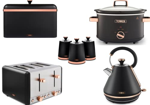 Tower Cavaletto 3KW 1.7L Pyramid Kettle, 4 Slice 1800W Toaster, 3.5L Slow Cooker, Bread Bin & Set of 3 Tea, Coffee, Sugar Canisters in Black & Rose Gold. Contemporary Matching Kitchen Set of 7 Items