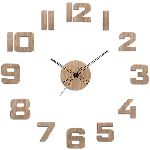 PRIM Veneer DIY Wanduhr, Made in EU, Holz Wand-Deko ∅ 600-1000 mm, 3D Ziffern, Groß XXL, Für Küche, Schlafzimmer (Hellbraun)