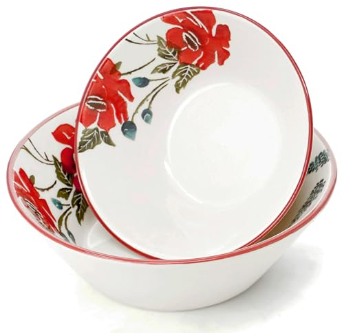 Lashuma Salatschüssel Keramik Set 2 teilig, Schüssel bunt Mohnblume 18 cm Ø, Suppenschale tief 23 cm Ø