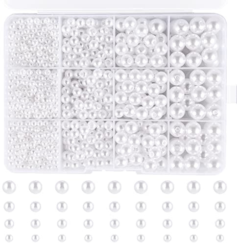 Weisse Perlen mit Loch, 4/6/8/10 mm Weisse Perlen, Perlen Weiss Basteln | 1320 Stück Kunstperle Runde Perlen, Weisse Nachahmung Perle, DIY Perlen Weiss zum Deko Jewellery Making Hochzeits