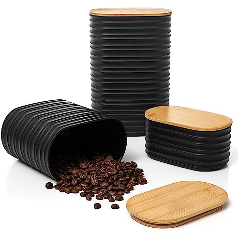 Mixpresso Black Canisters Sets for the Kitchen – 3-Piece Airtight Plastic Sugar Container Set with Bamboo Lids in Three Different Sizes – Decorative Modern Storage Jars for Coffee, Tea & Countertops