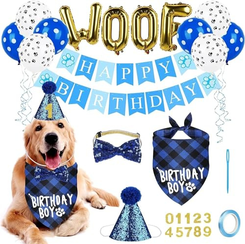 Boxgear Hunde-Geburtstagsparty-Zubehör: Bandana-Hut, Banner-Set, WOOF Luftballons Happy Birthday Banner für Haustiere, Welpen, Katzen