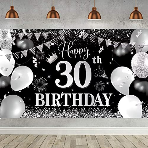 30. Geburtstag Banner Schwarz Silber, Geburtstagsbanner für Jungen Mädchen, Party Deko Hintergrund