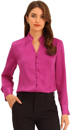 Allegra K Camisa de satén con Volantes para Mujer Blusa de Oficina de Trabajo con Botones de Manga Larga y Linterna Fucsia XL