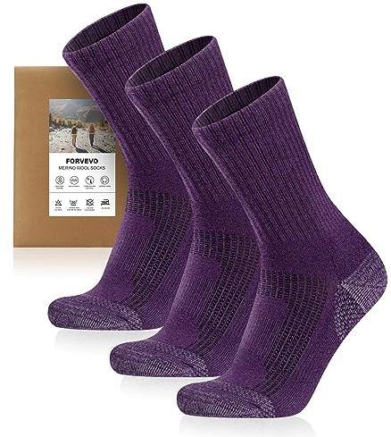 FORVEVO Merino vandringsstrumpor män kvinnor 3 par, 60 % ullstrumpor män vadderade, termiska vinterstrumpor, sportstrumpor för vandring utomhus, lila, 35-38 EU