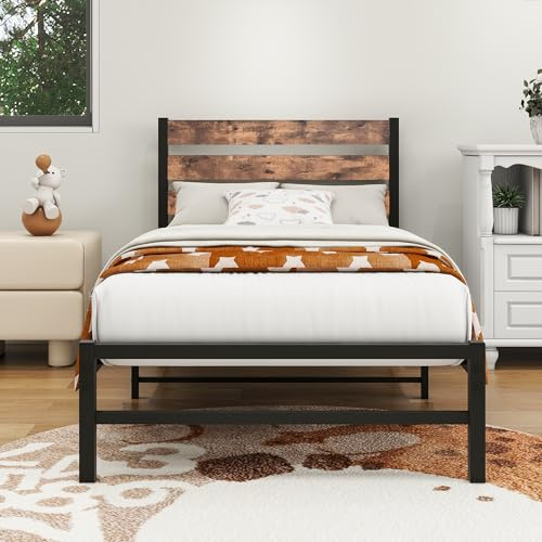 HOMERECOMMEND Enkelsängsram Säng med rustik träsänggavel kraftig metallplattform sängram solid och stabil stark metallplatta stöder enkel montering svartbrun