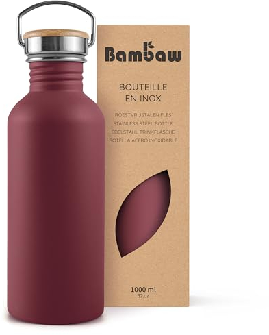 Bambaw Edelstahl Trinkflasche 1l, Nicht-isolierte Trinkflasche Rot, Grosse Trinkflasche, Wasserflasche 1l Spülmaschinenfest – Kirschrot