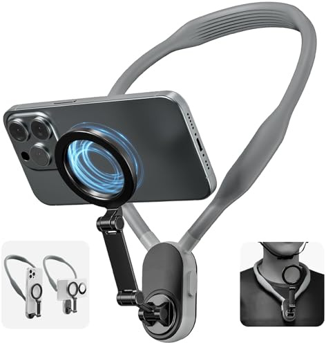 AuyKoo Magnetic Neck Mount, POV/Vlog Selfie Hand Free Neck Phone Holder, Magnetic Attraction Cell Phone Holder, Silicone Lazy Bracket Multi-angle for iPhone 15 14 13 12 and Android