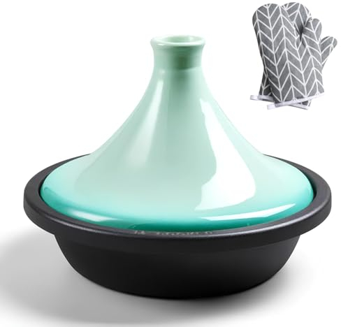 WXFKLDJ Pentola per Tajine in Ghisa per Cucinare Pentola per Tajine da 3,65 Litri con Base in Ghisa Smaltata E Coperchio in Ceramica Include Guanti Antiscottatura,Verde