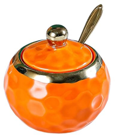 Gralara Zuccheriera in Porcellana, Contenitore per Sale, Scatola per condimenti per spezie, Barattolo per condimenti in Ceramica per Sale, Vaso per condimenti, Tondo Arancione