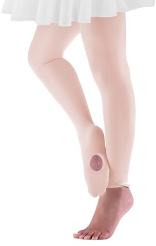 THMEVOK Collants de danse convertibles pour filles - Collants de transition à pieds pour petites filles, ballet rose, 12-14 ans
