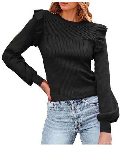 HOOUDO Damen-Pullover mit Rüschen an der Schulter und Langen Ärmeln, Rundhalsausschnitt, schmal geschnitten, 2023, gerippte Strickoberteile Top Schwarz Sexy Tischerts Frauen