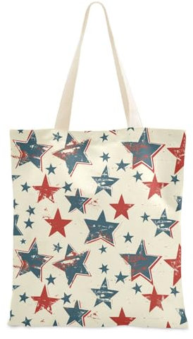 Amooorous Canvas-Tasche mit Sternen und Elementen der amerikanischen Flagge, Leinentaschen für Damen, zum Geburtstag, niedliche Leinentasche, Sterne mit Elementen der amerikanischen Flagge, 1 Size