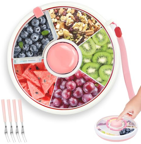 SelfTek Snackslåda med fack, snackslåda med lock rund, snackskål med lock, snacktallrik med fack, bärbar frukt och godisorganisatör (rosa)