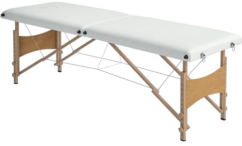 HOMCOM Camilla Masaje Plegable Portátil Camilla Estética Profesional de Madera Altura Ajustable con Orificio para la Cabeza y Bolsa de Transporte 186x60x61-87 cm, Crema
