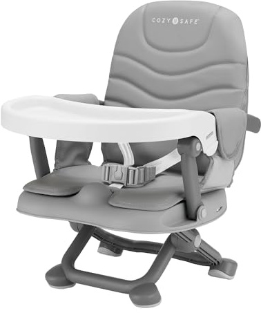 Cozy N Safe Dee Highchair Portable Foldable Compact, Lightweight (Grey) | Lightweight, Secure with 3-Point Harness, Double Seat Belts, Removable PU Cushions, Dishwasher Safe Tray, Easy Storage