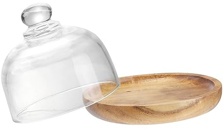 GARVALON glass bell with glass lid mini cake plate wooden server tray dessert trays for lemon 10.5 cm