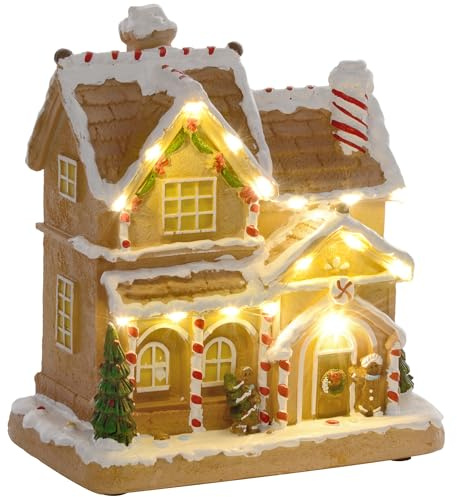 HOMCOM Christmas Village Gingerbread House with LED Lights and Music, Lighted and Musical Christmas Candy House with Gingerbread Man, Battery Operated, Brown