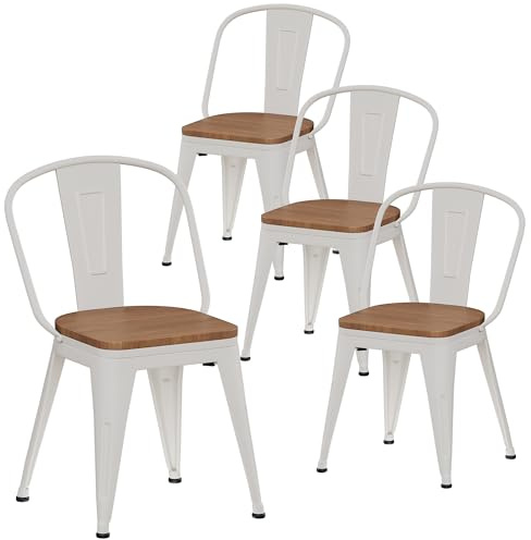 Alunaune 18inch Metal Dining Chair Set of 4 High Back Classic Chic Iron Farmhouse Chairs Industrial Stackable Coffee Stools Bistro Cafe Side Barstools Wood Seat-White