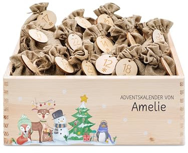 wunderwunsch® - Personalisierter Adventskalender zum selber befüllen - Adventskiste Holz mit kinderfreundlichem Druck - mit Juteschnur Jutesäckchen und Holzzahlen (groß | 39x29x13cm)