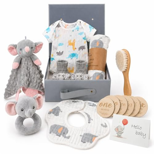 Auoketuo Neugeborenen-Geschenk – 15-teiliges Baby-Geschenkset Enthält Babydecke, Strampler, Beißtuch, Holzbürste, Meilensteinkarten, Lätzchen, Söckchen und eine Erinnerungsbox.