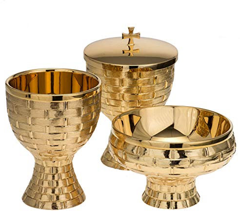 Holyart Cáliz, copón y Patena Molina latón Dorado, CálizAltura Patena: 9 cm|Altura píxide: 17 cm|Diámetro Copa Cáliz: 11 cm|Diámetro Patena: 14 cm|Diámetro píxide: 10.5 cm|Altura cáliz: 14.5 cm