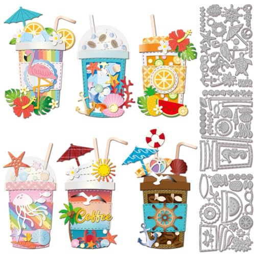 GLOBLELAND Troqueles de corte de taza de café de verano para álbumes de recortes, metal, frutas, bebidas, troqueles de corte de animales del océano, conchas de peces, troqueles para hacer tarjetas en