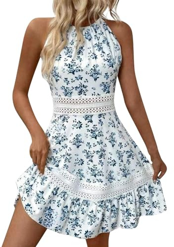 Sommerkleid Damen Knielang Elegant A Linie Neckholder Kleid Rückenfrei Mit Schnürung Sommerkleider Leicht Luftig Strandkleid Rüschen Kurzes Freizeitkleider Sommer Kleider Frauen Häkel Spitze