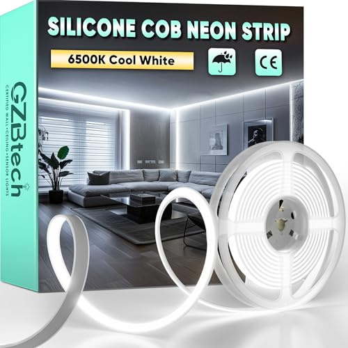 GZBtech AC 220-240V Ruban LED COB 3m, Blanc Froid 6500K Flexible Découpable Dimmable Etanche 1500lm/m 286 LED/m Bande Lumineuse LED Lumière pour TV Rétroéclairage, Armoire, Chambre, Cuisine