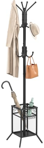 ELYKEN Porte Manteau et Porte Parapluie sur Pieds en Métal Noir | Porte Manteau Perroquet d'Angle pour les Petits Espaces, 12 Crochets pour Vêtements Sacs Chapeaux, Carré