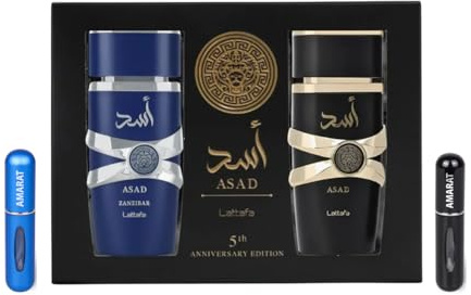 Lattafa Asad & Asad Edizione Anniversario Zanzibar 2 x 100ML Eau de Parfum per Uomo, Include 2 Atomizzatori da 5ml, Fragranze Arabe con Note Speziate, Legnose e Vaniglia (Asad & Asad Zanzibar)