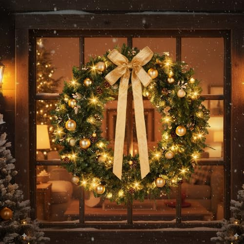 48in/120cm Large Christmas Wreath with Colorful Lights for Outdoor | Pre lit Christmas Wreath Decorations, Light Green with Gold Bow