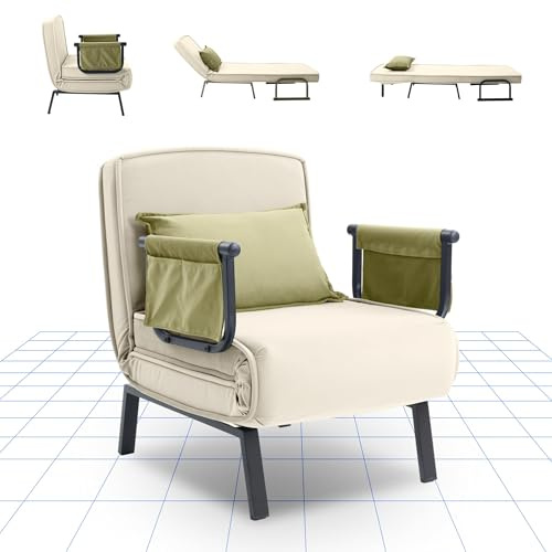 FLEXISPOT 3-in-1 Schlafsessel mit Bettfunktion, Verstellbare Rückenlehne, Gästebett Schlafsofa aus Leinen mit Seitentasche, Klappbare Beine, Platzsparend für Wohnzimmer, Schlafzimmer oder Büro, Beige