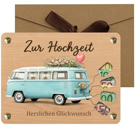 Hochzeitskarten, Hochzeitsgeschenke für Brautpaar, Geldgeschenk Hochzeit, 2 Teilig Holz Geschenk zur Hochzeit mit Umschlag, 13x10cm Geldgeschenk Verpackung für das Brautpaar, Herzliches Glückwunschset
