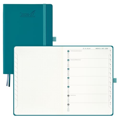 BEZEND Agenda Escolar 2026 2027 Semana Vista A5-15,5 x 21 cm | 18 Meses de Jul.26 a Dic.27, Vista Semanal con Página de Puntos, Papel de 90 GSM, Tapa Dura Cuero PU - Verde Pacífico