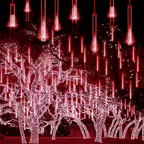 Solar Meteorschauer Regenlichter,KINGCOO Wasserdichte 30cm 10 Tube 360LEDs Schneefall Regentropfen Draussen Weihnachten Lichterketten für Hochzeit Party Garten Dekoration (Rot)