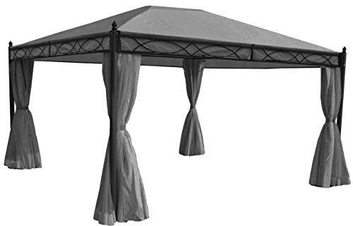 Gazebo pergola baldacchino moderno elegante Cadice acciaio poliestere 4x3m grigio con zanzariere e tende