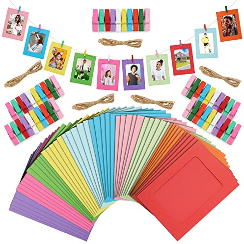Juvale Paper Picture Frames - Hanging Photo Display - DIY Craft Projects & Craft Frames - Easy Install with Photo Hanging Clips String - 10 Colors, Pack of 50, Fits 4x6 Prints