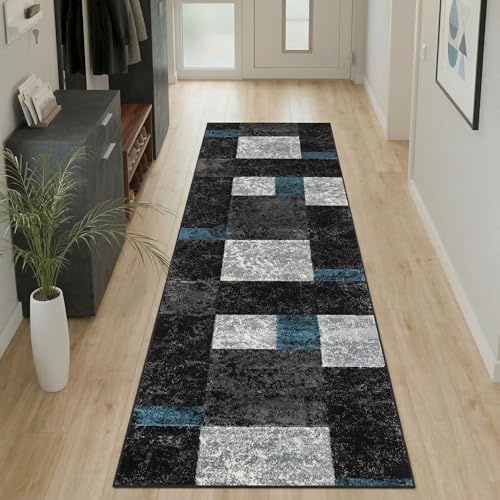 Carpetsale24 Teppich Läufer 80x300 cm Kurzflor Konturenschnitt in Schwarz Grau Blau Kariertes Design, Extra Weich, Waschbar, Pflegeleicht Für Flur, Küche, Wohnzimmer