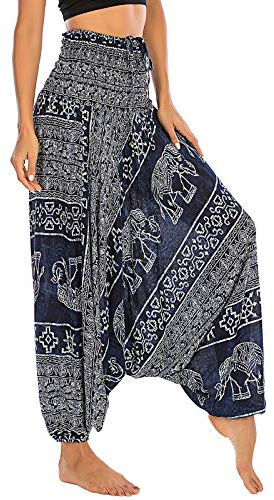 Nuofengkudu Mujer Harem Pantalones Jumpsuit Boho Cintura Alta Verano Playa(S-Elefante Azul Oscuro)