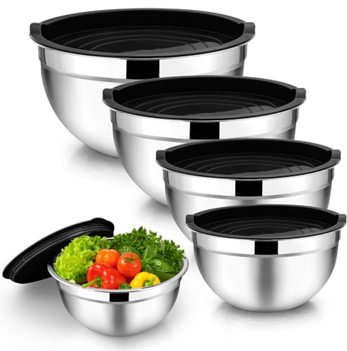 TeamFar Mixing Bowls Set of 5, Stainless Steel Metal Salad Bowls with Lids
