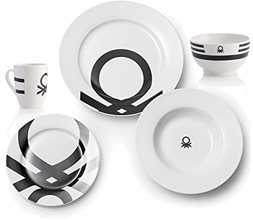 UNITED COLORS OF BENETTON PK2227 Set mit 26 Logos in Schwarz, Steingut: 18-teiliges Tafelservice (6 Personen flach, tief und Dessertteller), 4 Frühstücksschalen und 4 Tassen