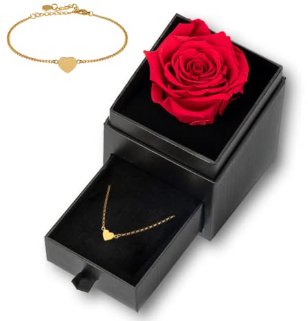 Mia Milano caja de rosas con rosa infinita duradera y pulsera de corazón de oro rosa para mujer I Regalo San Valentin I Caja de regalo con pulsera de corazón I Hecho a mano en Alemania