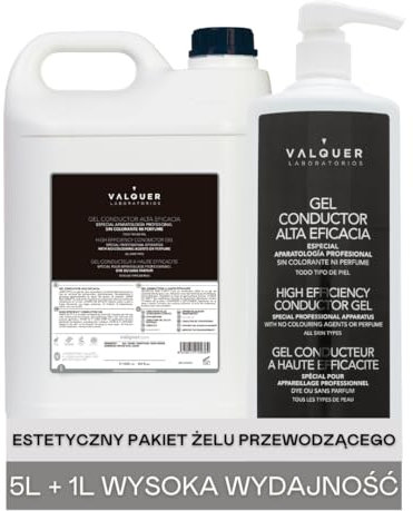Valquer Gel Conductor de Ultrasonidos Facial y Corporal. Uso profesional en Radiofrecuencia, Depilación laser, Microcorrientes, Ipl y Cavitación. Base de Agua Incoloro e Inoloro. 1 L + 5 L.