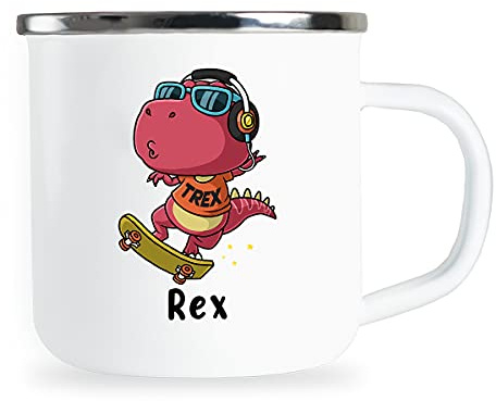 Rex Personalisierte Kindertasse mit Name und lustigem Dinosaurier Motiv Emaille Tasse individuelle Geschenke Kind Geburtstag Junge Mädchen Metallbecher Emailletasse Geschenkidee