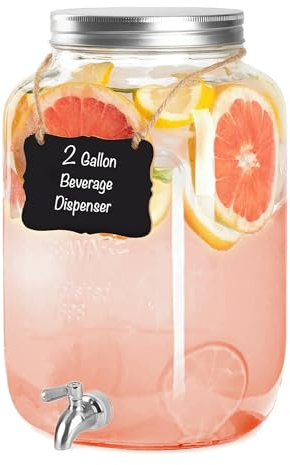 Ilyapa 2 Gallon Drink Dispenser - Wide Mouth Glass Drink Dispenser - 100% Leak Proof Stainless Steel Spigot with Glass Flip Top Lid, for Any Event