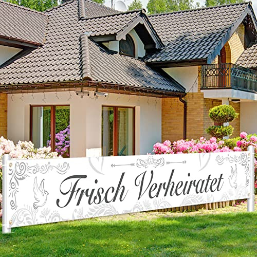 DPKOW Banner Hochzeit Deko Frisch Verheiratet Banner für Garten Haus Wand Dekoration Hochzeit Außen Absperrband Deko, Elegant Hochzeitszeremonie Dekoration, 270 * 35cm